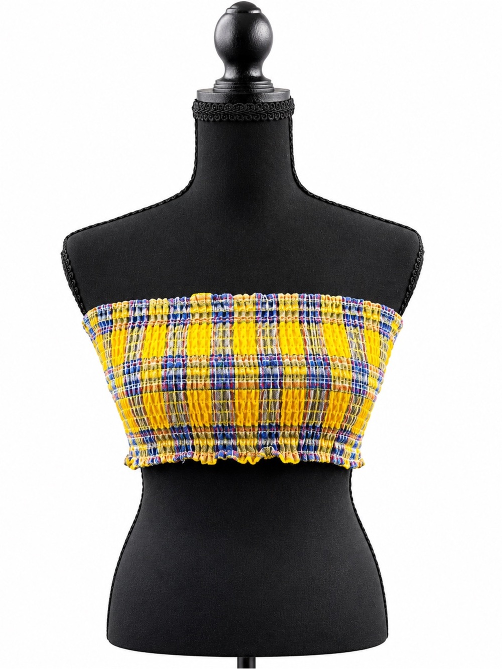 Women's Smocked Plaid Tube Top Yellow Multicolor Strapless Crop Top Casual